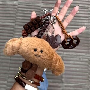 Plush Croissant Chocolate Brown Theme Bag Charm Purse Handbag Wallet Set